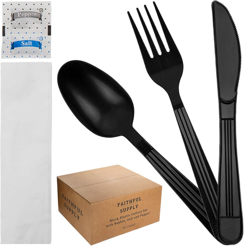 50 ct Black Plastic Utensils Set, Heavy Duty Disposable Cutlery Pack with Wrapped Napkin and Salt/Pepper