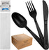 50 ct Black Plastic Utensils Set, Heavy Duty Disposable Cutlery Pack with Wrapped Napkin and Salt/Pepper
