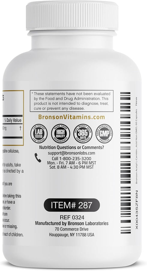 Bronson Acetyl L-Carnitine 500 MG High Potency Amino Acid, Non-GMO, 60 Capsules