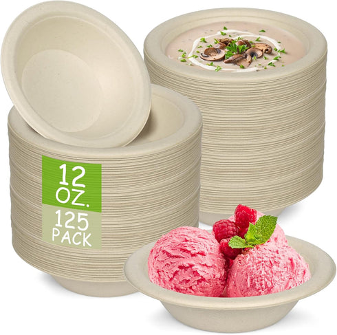 Paper Bowls, 100% Compostable Disposable 12 Oz Soup/Salad Bowls, 125 Pack, Eco-Friendly