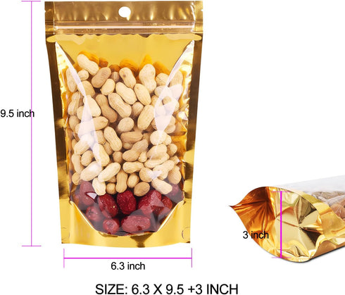 100 Pack Smell Proof Bags with Clear Front Window, Resealable Stand Up Food Storage Bags (Gold)