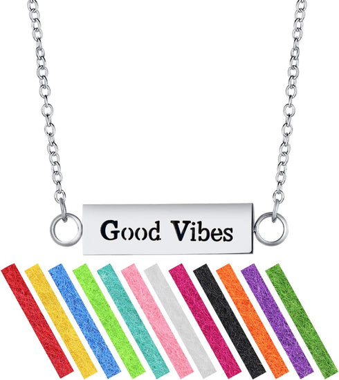 Set 24" 12 Wild Essentials Good Vibes Essential Oil Diffuser Bar Necklace Gift Aromatherapy Pendant, Stainless Steel