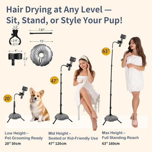 Hugabow 360 20-65 Inch Hair Dryer Stand - Rotating Universal Holder, Adjustable, Hands Free for Pain Relief