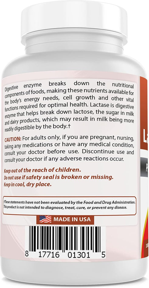 Best Naturals Lactose Intolerance Relief Tablets, Natural Lactase Enzyme, 9000 FCC ALU, 180 Count