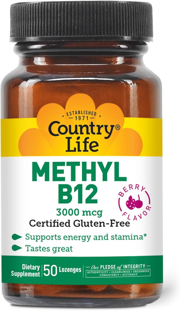 Country Life Methyl B-12 3000 mcg Lozenges, Vegan, 50 Count for Energy Support