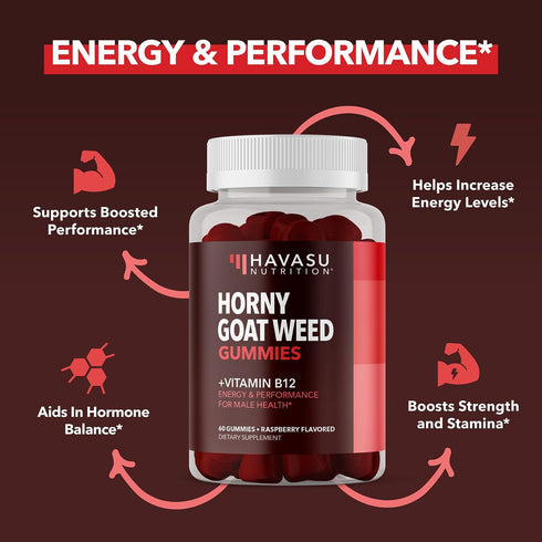 Horny Goat Weed Gummies with Vitamin B12, 60 Raspberry Vegan Gummies, Energy, Endurance & Performance Support