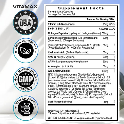 Vitamax Resveratrol NAD+ Berberine Hyaluronic Acid - Collagen Peptides for Hair, Nail, Skin & Joint - 120 Count