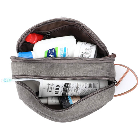 Mactso Mens Travel Toiletry Bag - Canvas Leather Cosmetic Makeup Organizer Shaving Dopp Kits with Double Compartments
