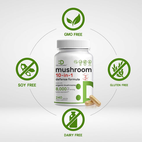 Organic Mushroom Supplement, 8,000mg Per Serving, 240 Capsules, 10 in 1 Defense Formula, Non-GMO