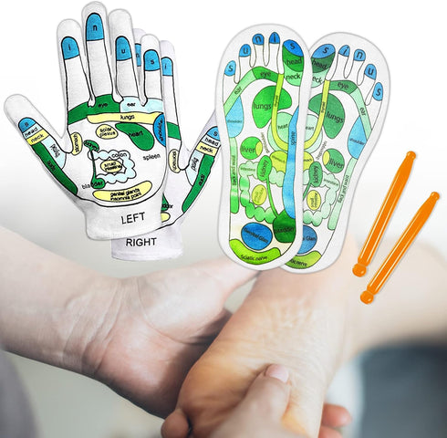 Reflexology Socks and Gloves - 4 Pcs Acupressure Tools, Tutorial Gloves with Massage Sandal, Pain Relief Socks (2 Rods)