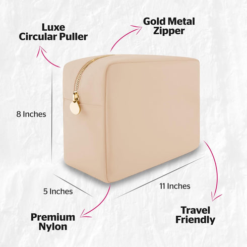 Large Beige Makeup Bag, Nylon Cosmetic Pouch, Travel Makeup Organizer Bag, Makeup Case, Cosmetic Travel Bag