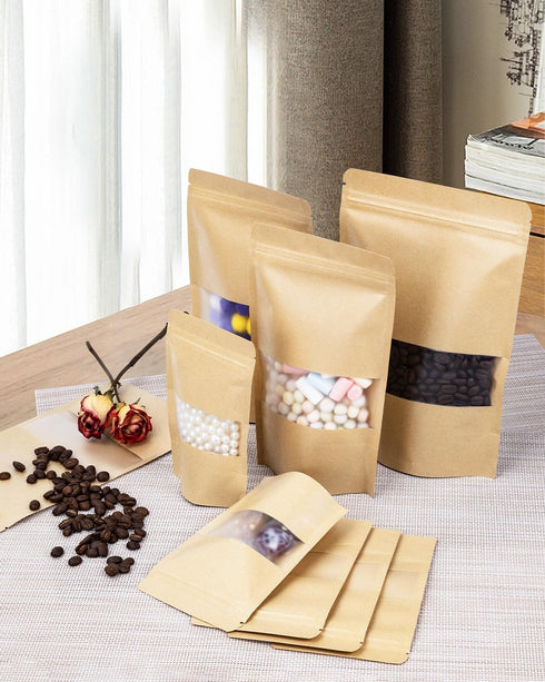 Resealable Bags 200 Packs Coffee Bags, Packaging Bags for Small Business, Stand Up Pouches with Window, Kraft Paper Bags
