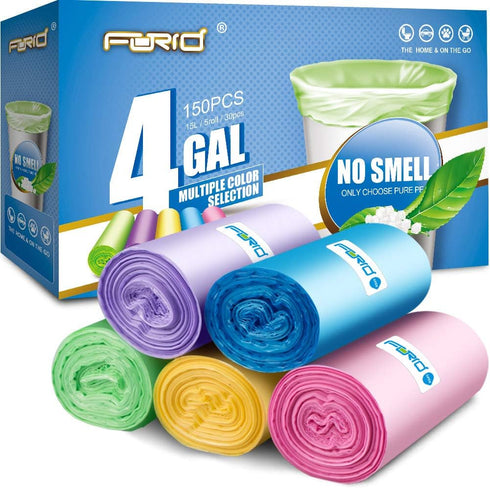 FORID Small Trash Bags, 4 Gallon Garbage Bags, 150 Counts, Thin Material, 5 Color for Office, Home Waste Bin
