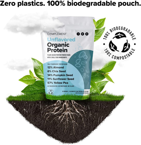 Complement Organic Unflavored Vegan Protein Powder (15 Servings), Low Carb, Low Calorie, Sugar Free, Soy Free, Non-GMO,