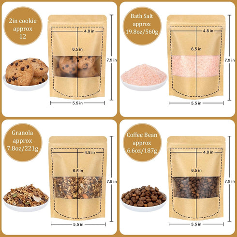 Blisstime Stand Up Pouches - 50 Pack Kraft Paper Bags with Matte Window for Small Business Home Use