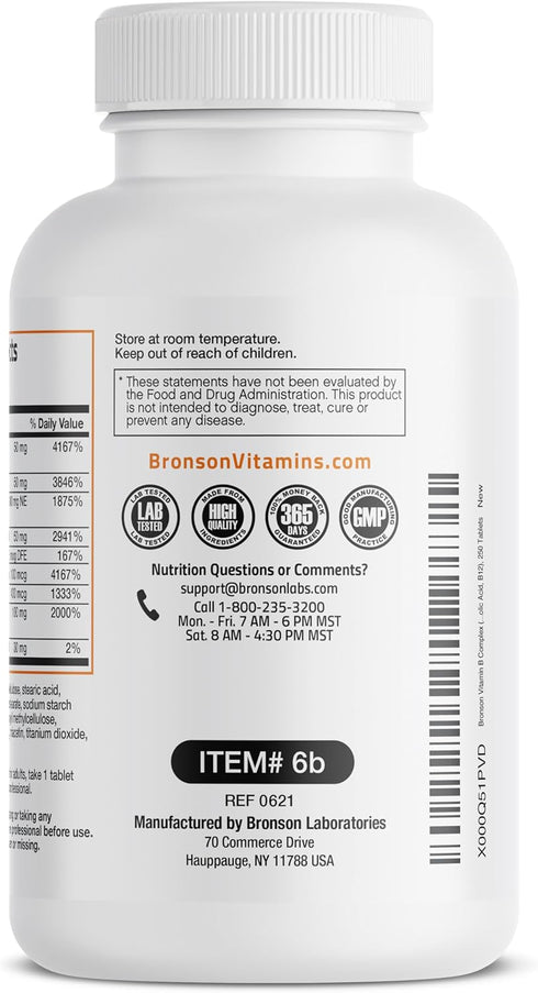 Bronson Vitamin B Complex (B1, B2, B3, B6, B9 - Folic Acid, B12), 250 Tablets