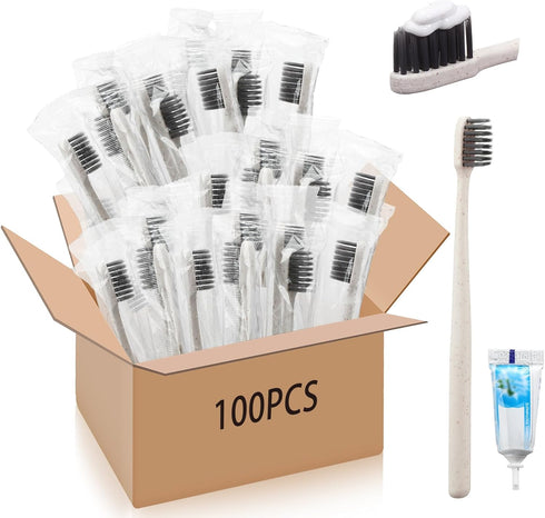 Uiifan 100 Sets Disposable Toothbrushes with Toothpaste, Individually Wrapped Travel Set for Home and Camping
