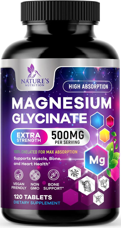 Magnesium Glycinate 500mg | High Absorption Chelated Supplement for Bone, Muscle, Nerves & Heart Health | 120 Tablets,