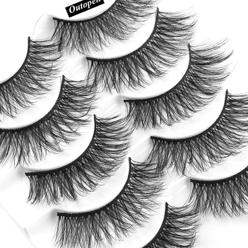 outopen 3D Mink Lashes Natural Wispy False Eyelashes 15mm Fluffy Long Eye Makeup Tools 5 Pairs Pack (Q1 | 13-15MM)