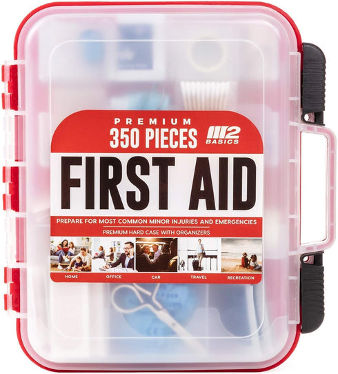 M2 BASICS 350 Piece Professional Emergency First Aid Kit | Hard Case, Dual Layer, Wall Mountable for Home, Office,