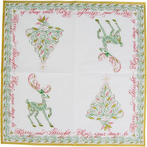 Caspari Christmas Calligraphy Paper Cocktail Napkins, Two Packs of 20