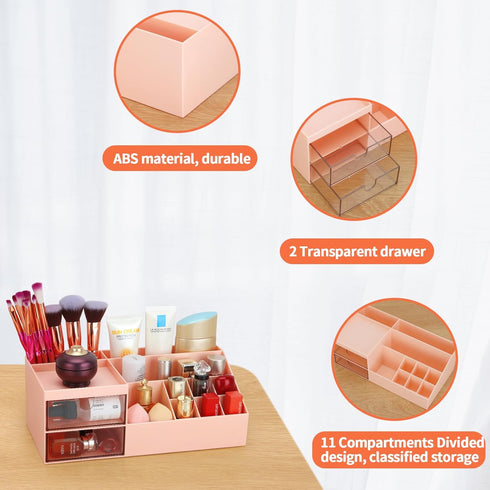 LETURE Cosmetic Makeup Vanity Organizer Box, Bathroom Counter Storage for Eyeshadows, Skin Care, Pink