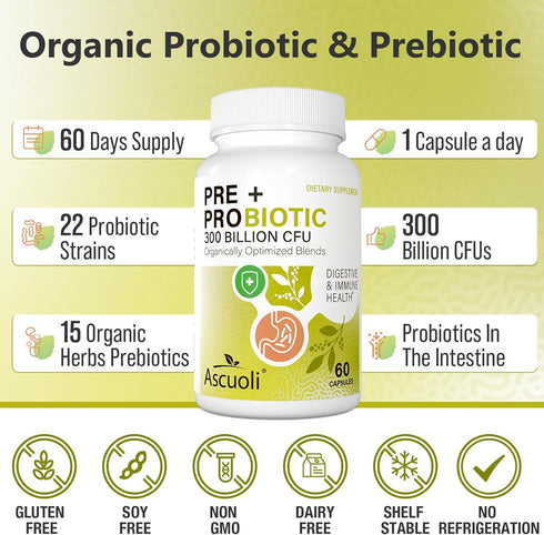 Ascuoli Probiotics for Women & Men, 300 Billion CFU, 22 Strains + 15 Organic Herbs, 60 Capsules