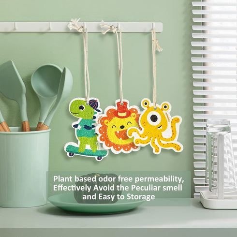 3 Pcs Compressed Wood Pulp Sponge Scrubber, Cute Cartoon Dual-Sided Reusable Dish Washing Cleaning Sponges