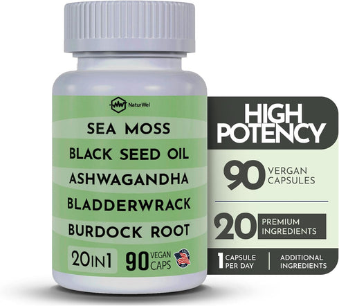 Black Seed Oil 3000mg Sea Moss 3000mg Ashwagandha 1000mg Turmeric 1000mg & Elderberry Manuka (90 Capsules Pack of 1)