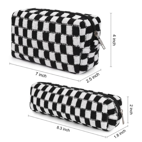 Makeup Bag Checkered Cosmetic Bag - Black Makeup Pouch with Large Capacity and Makeup Brushes Storage Bag