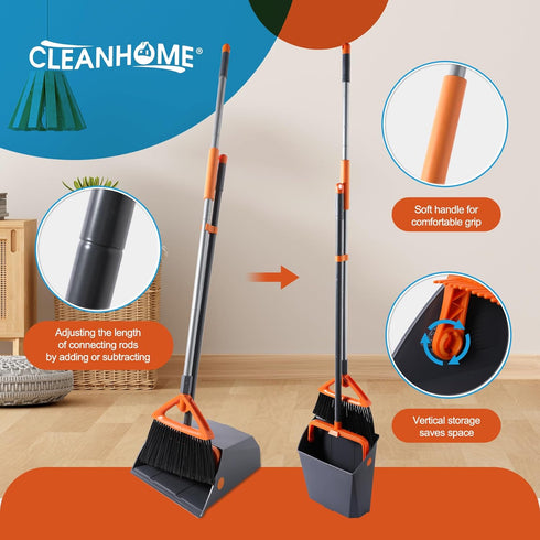 Commercial Broom and Dustpan Set with Long Handle, Heavy Duty Outdoor Broom for Courtyards, Garden, Grey