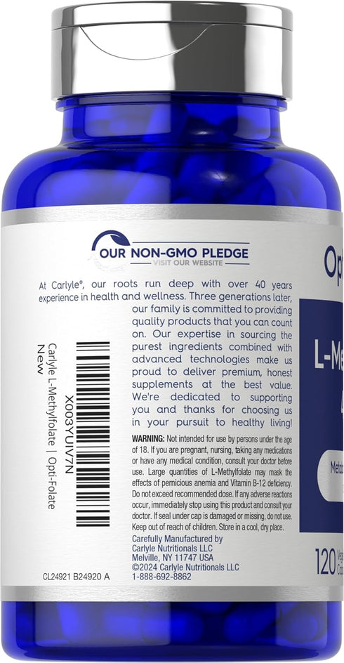 Carlyle L Methylfolate 400mcg, 120 Capsules, Vegetarian, Non-GMO, Gluten Free, Optimized Methyl Folate