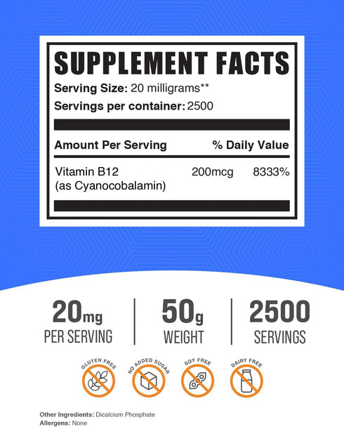 BulkSupplements.com Vitamin B12 Powder - as Cyanocobalamin, Vitamin B Supplement, Vitamin B12 200 mcg - Essential Vitamin, Gluten Free, 20mg per Serving, 50g (1.8 oz) (Pack of 1)