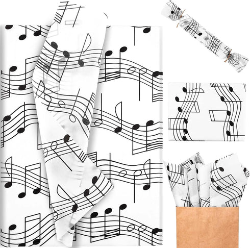100 Sheets Musical Notes Tissue Paper, Black White Staff Pattern Gift Wrapping for Parties, 19.7 x 13.8 Inch