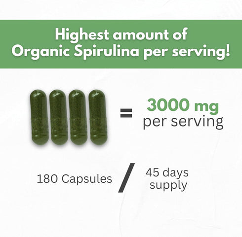 Organic Spirulina Powder Capsules 3000 mg - Pure Non-Irradiated Blue Green Algae, 180 Pills Made in The USA