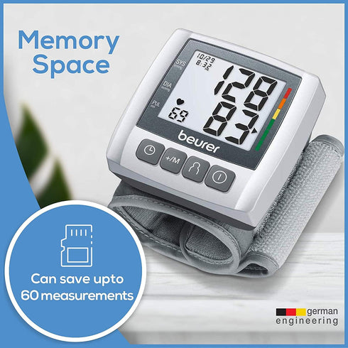 Beurer Wrist Blood Pressure Machine with Adjustable Cuff, Automatic & Digital Monitor, 2x60 Memory Reading, XL LCD