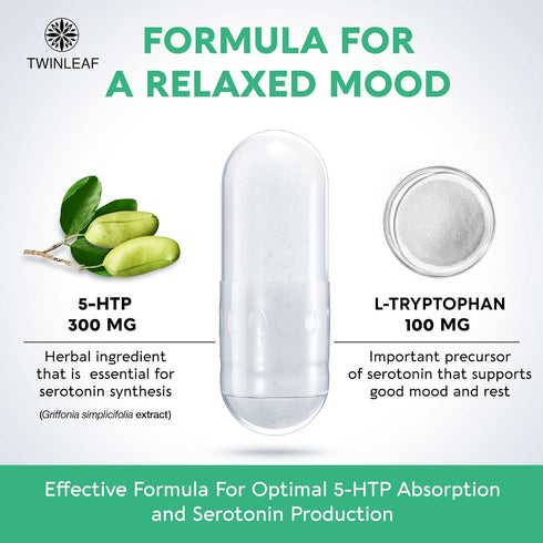 5 HTP Supplement for Mood Support - Made in USA - Natural 5-HTP & L-Tryptophan Capsules for Relaxation, 60 Vegan