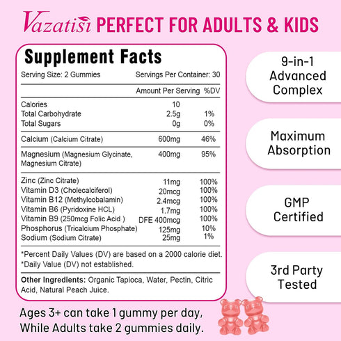 2 Pack Calcium Magnesium Zinc Gummies with Vitamin D3 & B12, Sugar Free Calcium Supplements for Women Men, Vegan Peach Flavor…