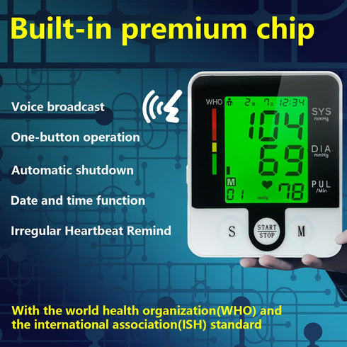 Talking Digital Wrist Blood Pressure Monitor, Automatic Machine with Rechargeable Cuff for Home Use, Large LCD Display
