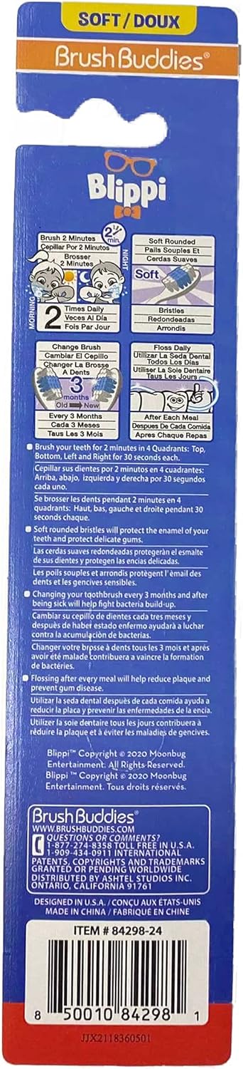 Brush Buddies Blippi Toothbrush with Travel Cap, Soft Bristle Toothbrushes for Kids, 2PC