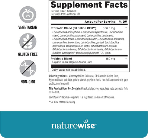 NatureWise Probiotics - 60 Billion CFU, 17 Strains + Organic Prebiotics for Immune, Digestive Health, 60 Capsules
