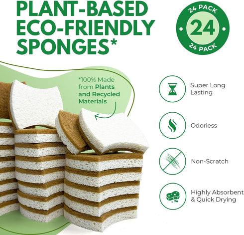 Biodegradable Natural Kitchen Sponge - Compostable Cellulose and Coconut Walnut Scrubber Sponge - Pack of 24 Eco Friendly Sponges for Dishes by AIRNEX