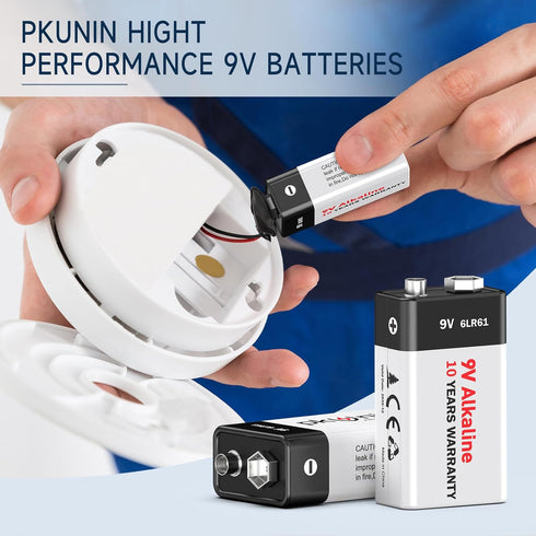 PKUNIN 9V 12 Pack 9 9V 6LR61 10-Year Batteries Alkaline Volt Battery for Smoke Detector Long-Lasting Square Fire Alarm