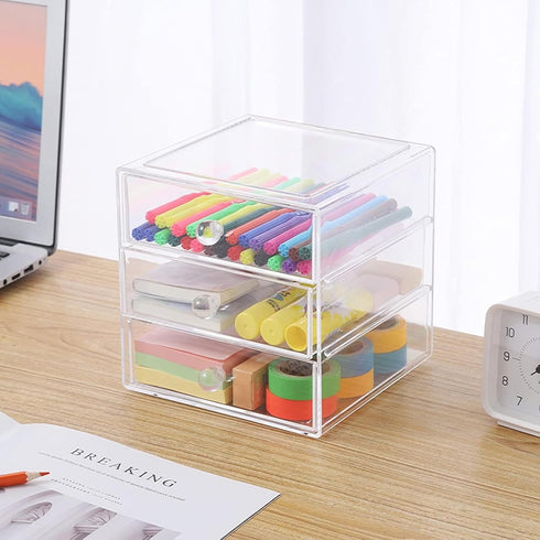 Makeup Drawer Organizer Box with 3 Drawers - Acrylic Cosmetic Display Case for Vanity Storage