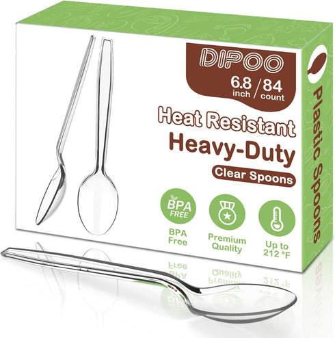Heavy Duty 6.8" Clear Plastic Spoons, BPA Free, Solid and Durable Disposable Cutlery, Premium Party Supply (84 Count)