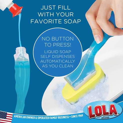 Lola Products Soap Dispenser Dish Wand, Refillable Handle, Super Absorbent Sponge Scrubber, No Leaking. for Cleaning Dishes, Sinks and Cookware, 1 BRUSH w/HEAD and 6 REFILLS