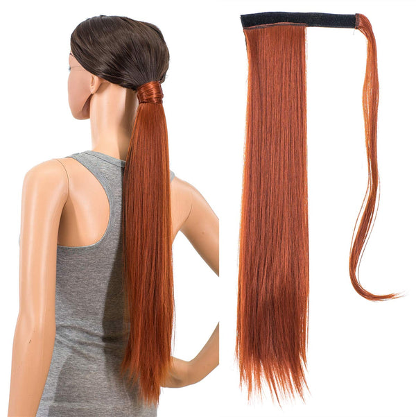 SWACC Women Long Straight/Curly Wavy Wrap Around Ponytail Extension, Synthetic Hair Piece Clip in Dark Copper Red