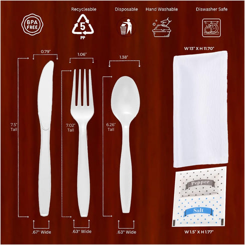 BULK HEAVY WEIGHT Cutlery Individually Wrapped White Plastic Cutlery Knife, Spoon, Fork Pack with Napkin and Salt and Pepper Packets - Extra Strong & Extra Resistant by Without A P