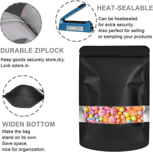 100 Pack Smell Proof Bags, Resealable Mylar Food Storage Bags with Clear Window, Stand Up Self Seal Foil Pouches, Black