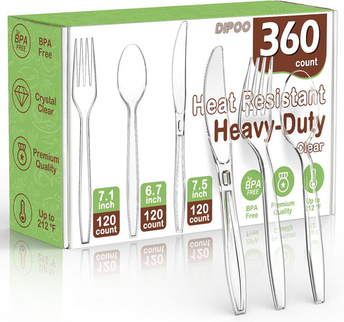 360 Count Heavy Duty Plastic Silverware - 120 Forks, 120 Spoons, 120 Knives, BPA Free Disposable Cutlery Set